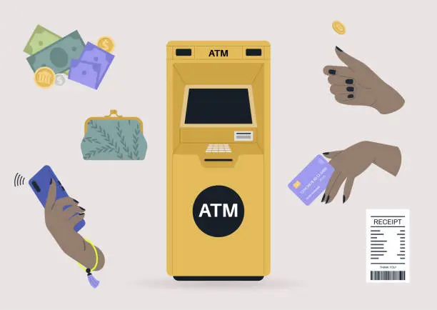 Vector illustration of A financial sticker pack with an ATM machine, paper banknotes, coins, credit cards, and wallets