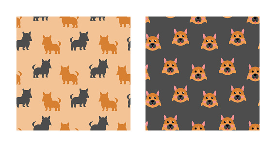 Set Character Seamless Pattern Animal Of Cute German Shepherd Dog Can Be Used as Designs Wallpapers or Backgrounds. Vector Illustration
