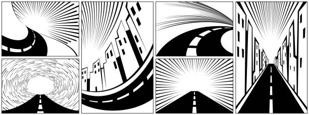 Set of backgrounds with roads, highways, and expressways. Highway with speed lines and empty place for text. Asphalt road in the city. Background template for comics in retro style. Vector