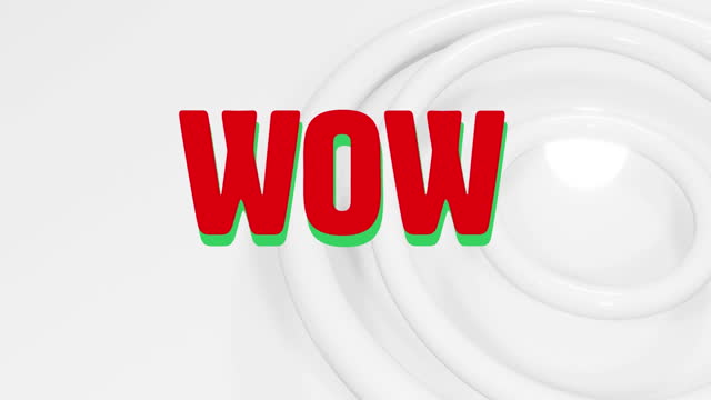 Digital animation of wow text against concentric circles on white background