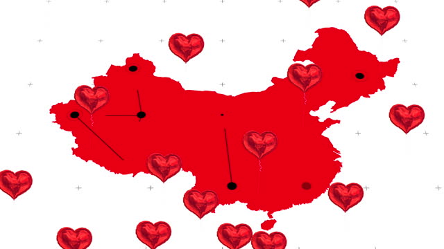 Multiple heart shapes balloons floating against world map on white background