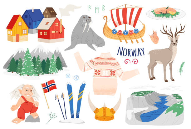 Norway vector icon set in a naive style. Travel Norway illustrations isolated on white. Scandinavian culture, nature and animals: deer, fjord, troll, wool, sweater, helmet, traditional houses. bergen stock illustrations