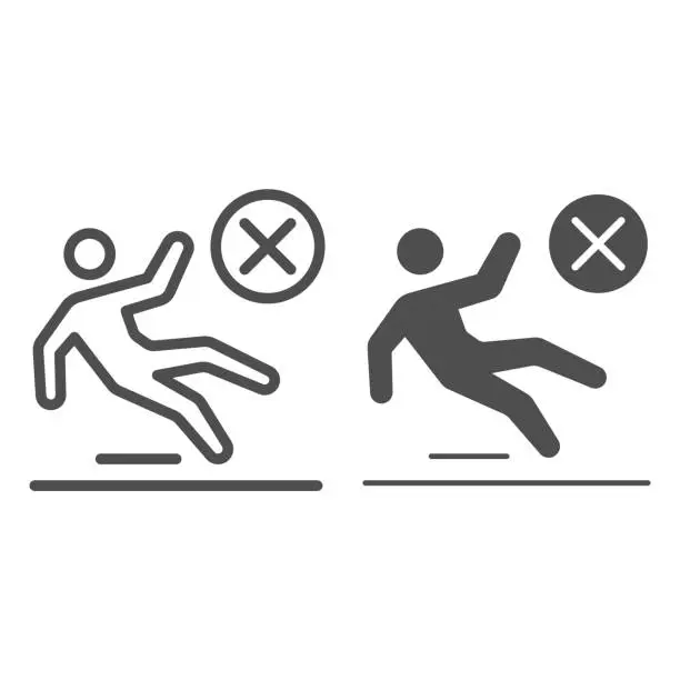 Vector illustration of No slippery surface line and solid icon, Safety engineering concept, Slippery floor surface warning sign on white background, man falls symbol in outline style for mobile and web. Vector graphics.