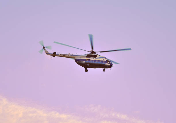 Saint Petersburg, Russia-09.04.2020: Large passenger helicopter Mi-8 of Baltic Airlines in flight