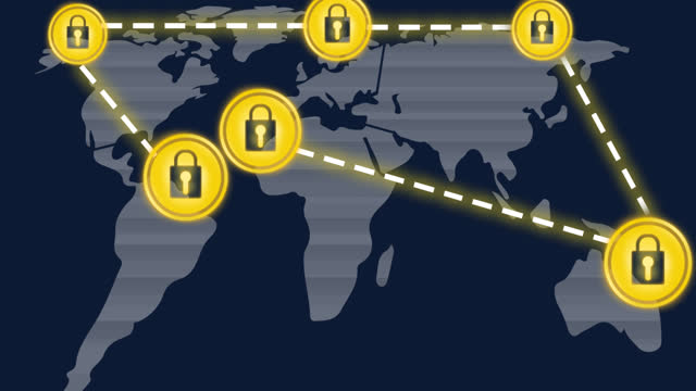 Animation of network with yellow padlock icons over world map on blue background