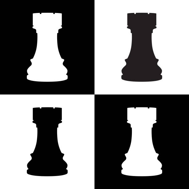 Rook Chess Board icon Vector illustration of four chess rooks on four squares of a cheese board. chess rook stock illustrations