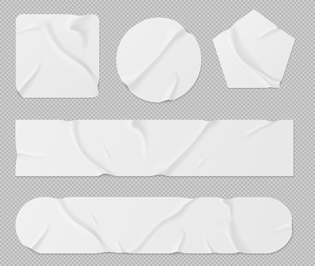 White paper stickers, adhesive patches and tapes. Blank crumpled labels different shapes isolated on transparent background. Vector realistic set of sticky tags and labels with folds