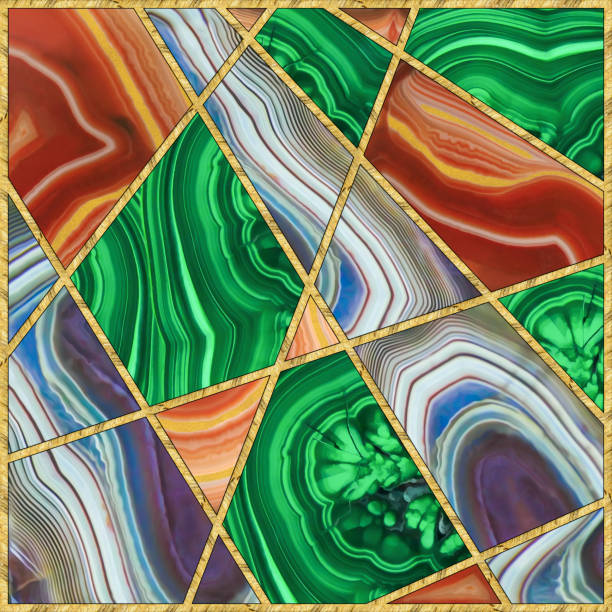 istock Modern mosaic, inlay. Illustration in stained glass style. Art deco background. Geometric pattern. Marble texture and golden artificial stone structure. Abstract print, creative tile surface. 1311385868