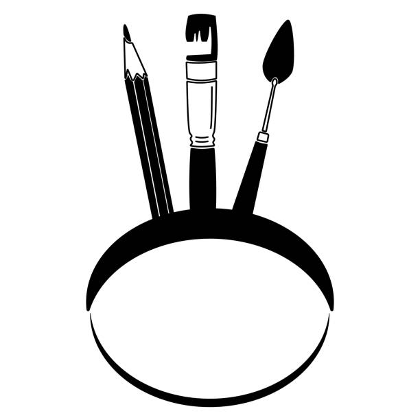 silhouette von zeichenzubehör für logo oder design, pinselstift und palettenmesser - palette knives stock-grafiken, -clipart, -cartoons und -symbole