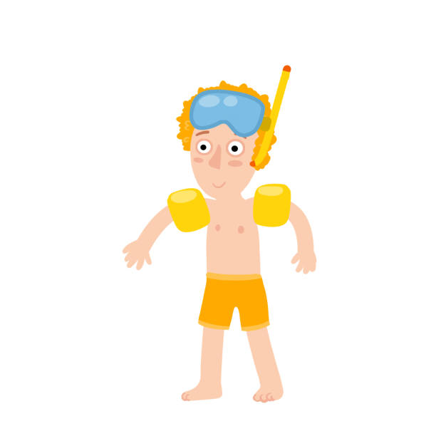 インフレータブル腕章の少年は泳ぐことを学びます。赤い髪 子供は水の中で遊びます。水中ダイビング用マスク。夏休みや海での休暇。漫画フラットイラスト - water wings点のイラスト素材／クリップアート素材／マンガ素材／アイコン素材
