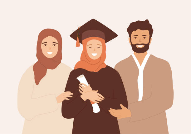 Muslim graduate girl in hijab with her parents. Family portrait, proud saudi man and woman embrace their daughter, graduated from college, university and holding certificate. Vector flat illustration muslim family stock illustrations