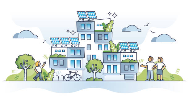 autonomiczny budynek jako dom z koncepcją zarysu energii elektrycznej panelu słonecznego - solar flat panel stock illustrations