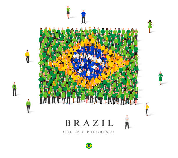 A large group of people are standing in green, yellow, blue and white robes, symbolizing the flag of Brazil. A large group of people are standing in green, yellow, blue and white robes, symbolizing the flag of Brazil. Vector illustration isolated on white background. Brazil flag made of people. independence illustrations stock illustrations