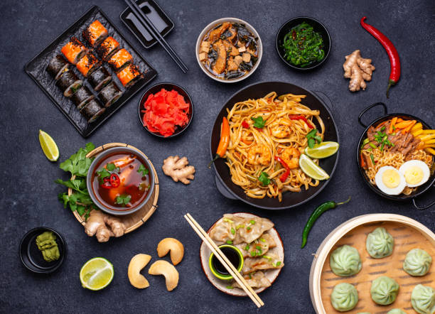 asian food. chinese, japanese and thai cuisine - sopa tom yum imagens e fotografias de stock