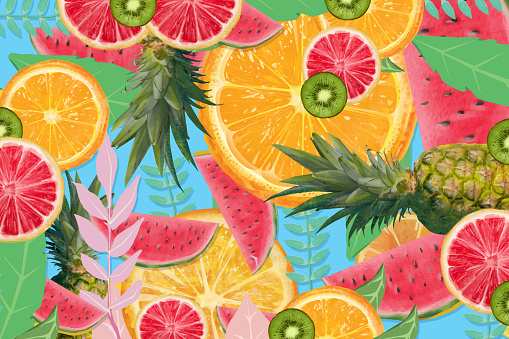 Fruity background. Pineapple, kiwi, watermelon, oranges and lemons background