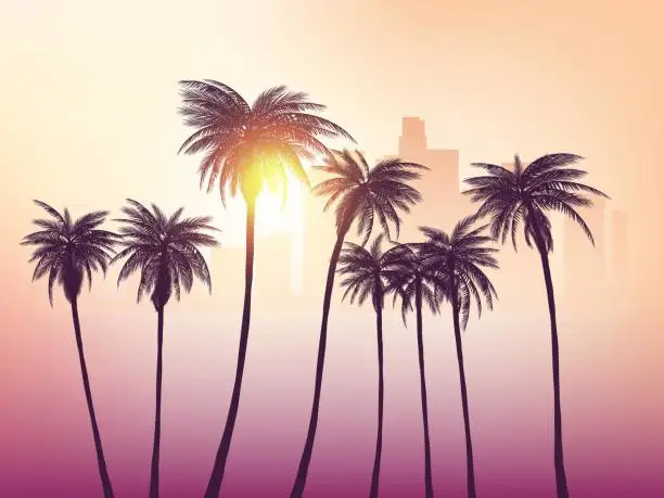 Vector illustration of Los Angeles skyline with palm trees in the foreground