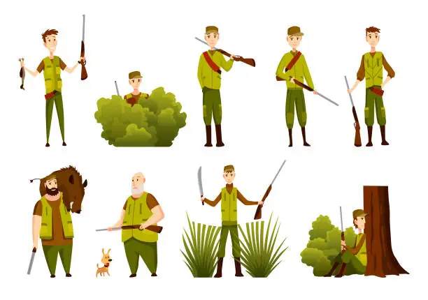 Vector illustration of Diferent hunter characters with rifle and trophy. Mens with a gun in camouflage in cartoon style. Humans with weapons on hunting