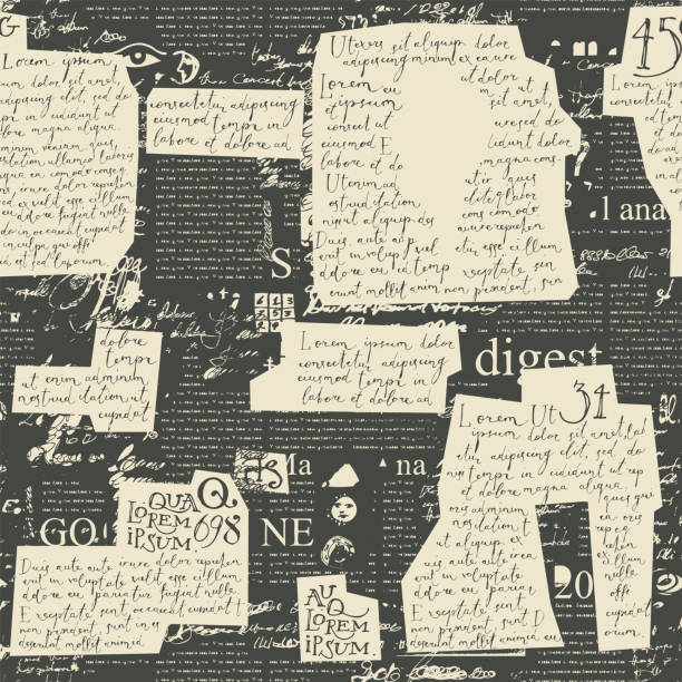 seamless pettrn with handwritten and printed text Abstract seamless pattern with old paper inserts with handwritten text Lorem Ipsum on a black newspaper page backdrop. Suitable for wallpaper, wrapping paper, fabric. Vector background in retro style illegible stock illustrations