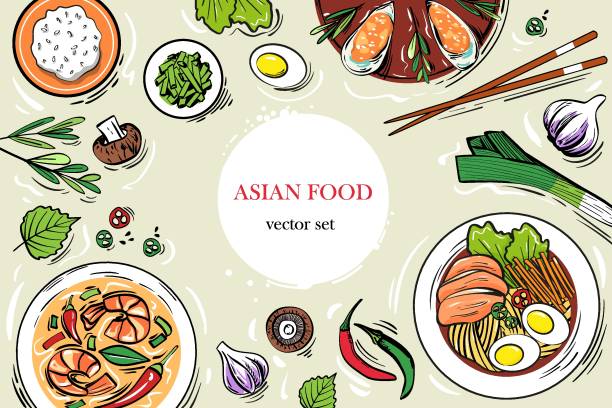 zestaw tradycyjnych dań azjatyckich - ryż, ramen, pikantna zupa z krewetek, małże - thai culture food ingredient set stock illustrations