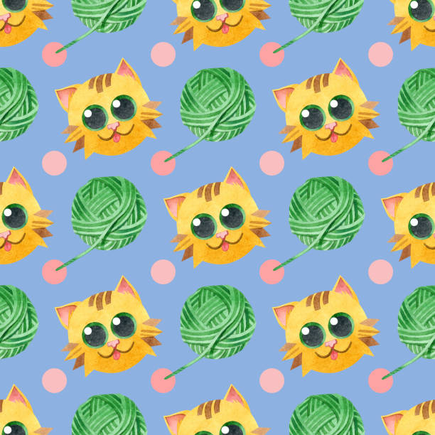 istock Seamless pattern with cute red cats and green wool balls. A toy for a cat. Knitting is a hobby. Watercolor hand-drawn illustrations on a lilac backdrop. For children's textiles, wallpaper, and covers. 1311401192