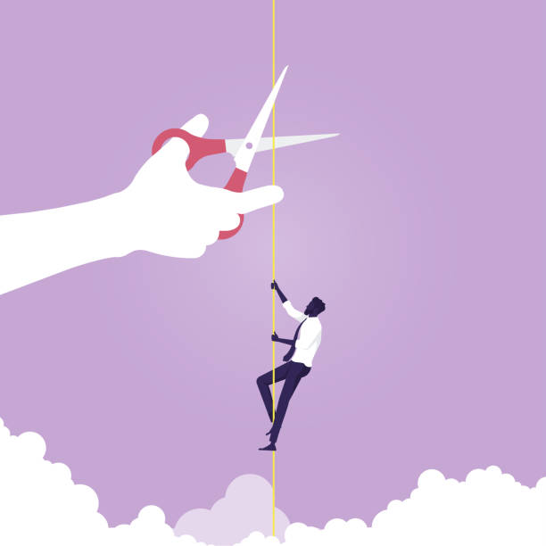 Business risk concept vector illustration. Competition in business Businessman climbing on rope and giant hand with scissors is cutting the rope, describe challenge, risk, obstacles, ambition, and danger sabotage stock illustrations