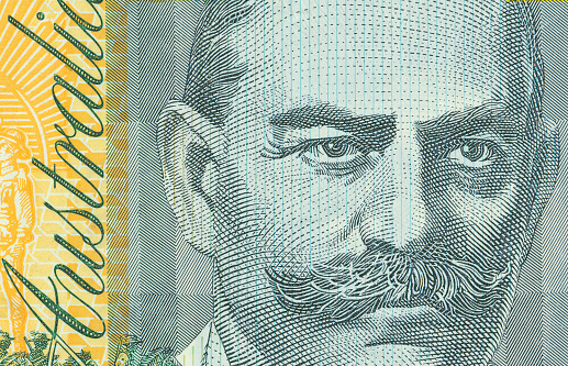 Close up on Australian 100 dollar banknotes. Portrait of JOHN MONASH on 100AUD Banknotes