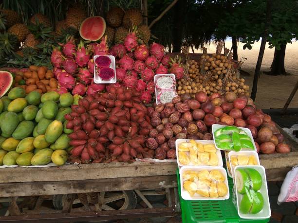 istock A counter with Thai vegetables and fruits (mangosteen, mango, rambutan, pineapple, banana, watermelon). 1311406153