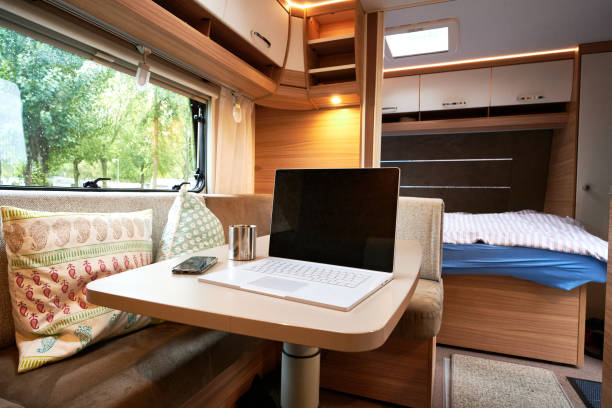 istock Mobile work in the caravan Wohnmbil at the campsite 1311406295