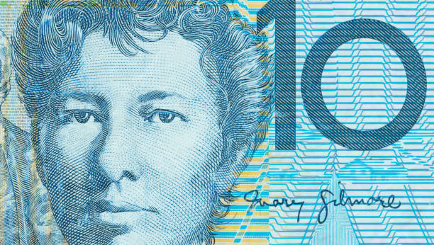 Macro of Aussie $10 Note Dame Mary Gilmore's face on Australian $10 Note australian dollar stock pictures, royalty-free photos & images