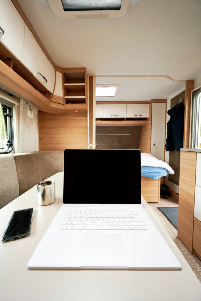 istock Mobile work in the caravan Wohnmbil at the campsite 1311407547
