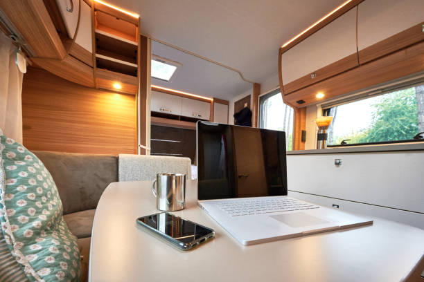 istock Mobile work in the caravan Wohnmbil at the campsite 1311407800