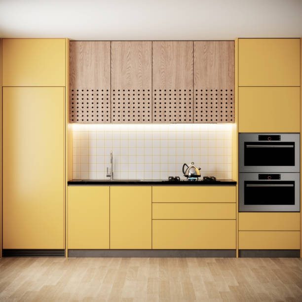 istock modern yellow kitchen mock up interior design. contemporary apartment concept. 3D background illustration 1311407886