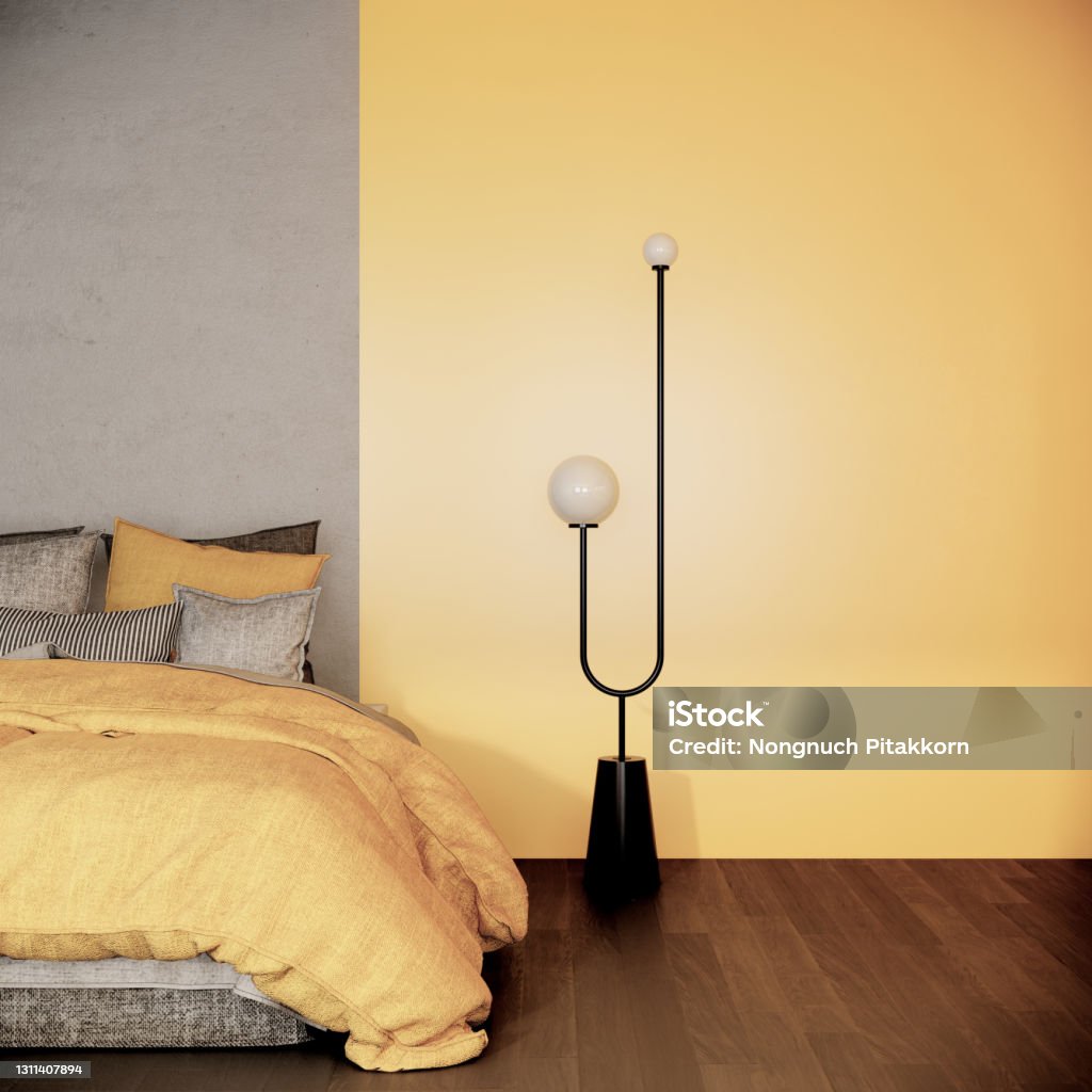 mock up modern interior background, a room with yellow wall and wooden floor, minimal style, 3D render, 3D illustration Yellow Stock Photo