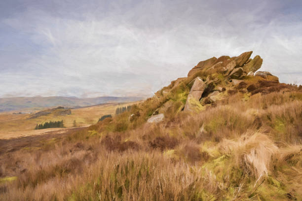 Digital painting of bleak winter panoramic view of Baldstone, and Gib Torr in the Peak District National Park. Digital painting of baldstone, and Gib Torr looking towards the Roaches, Ramshaw Rocks, and Hen Cloud during winter in the Peak District National Park. outcrop stock pictures, royalty-free photos & images