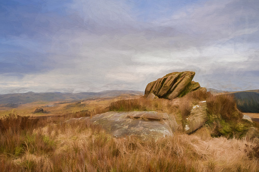 Digital painting of baldstone, and Gib Torr looking towards the Roaches, Ramshaw Rocks, and Hen Cloud during winter in the Peak District National Park.