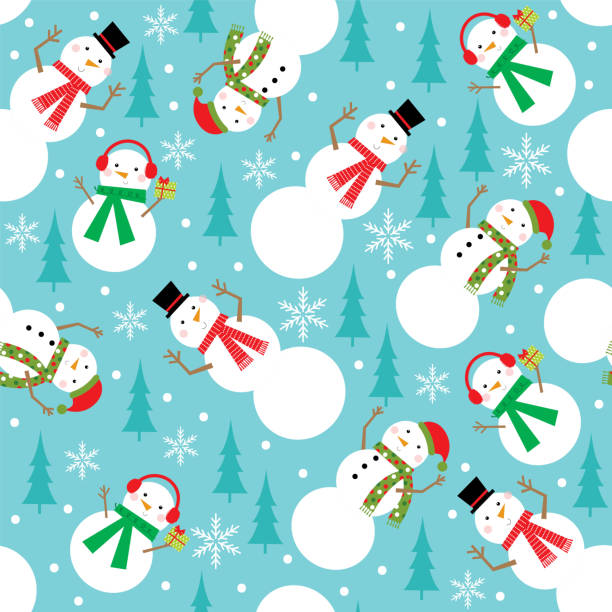 ilustrações de stock, clip art, desenhos animados e ícones de snowman seamless pattern design on blue background - christmas paper