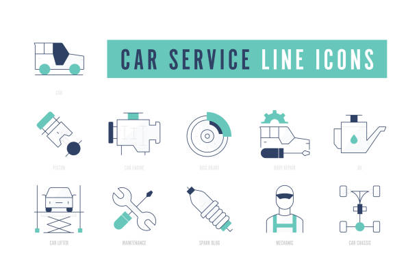 ilustraciones, imágenes clip art, dibujos animados e iconos de stock de conjunto de iconos de servicio de coches - car backgrounds battery service