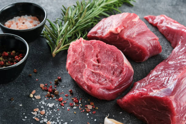 istock Raw filet mignon steaks with herbs and spices, Raw fresh marbled meat Steak. 1311414573