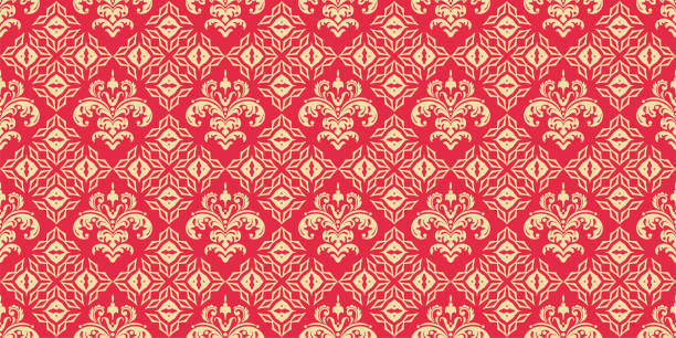 illustrations, cliparts, dessins animés et icônes de modèle de fond de cru avec des ornements floraux sur un fond rouge, papier peint. motif transparent, texture pour votre design. image vectorielle - silk textile red backgrounds
