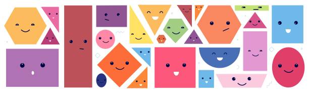 istock Cute geometric faces. Isolated polygon face with eyes and emotions. Circle shape characters. Funny cartoon abstract kids utter vector elements 1311417799