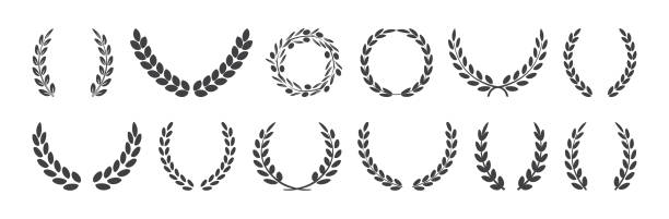 Laurel wreath and olive crown, award symbols, branch and leaves, winner emblem, black heraldry roman icons, victory crest set. Vintage illustration Laurel wreath and olive crown, award symbols, branch and leaves, winner emblem, black heraldry roman icons, victory crest set isolated on white background. Vintage illustration pics of a spiky fruit stock illustrations