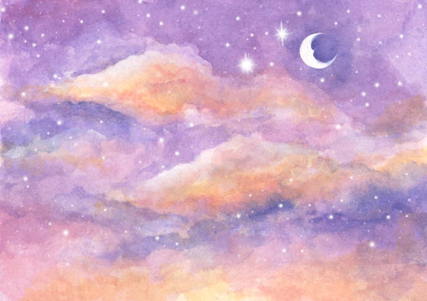 부드러운 파스텔 색상의 달과 구름 배경의 수채화 그림. - day dreaming 이미지 stock illustrations