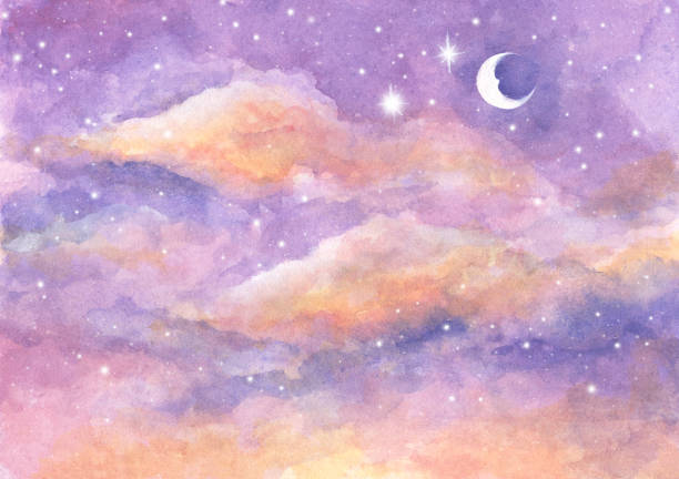 ilustrações, clipart, desenhos animados e ícones de pintura aquarela da lua e fundo nuvens com cor pastel macia. - painted image night abstract backgrounds