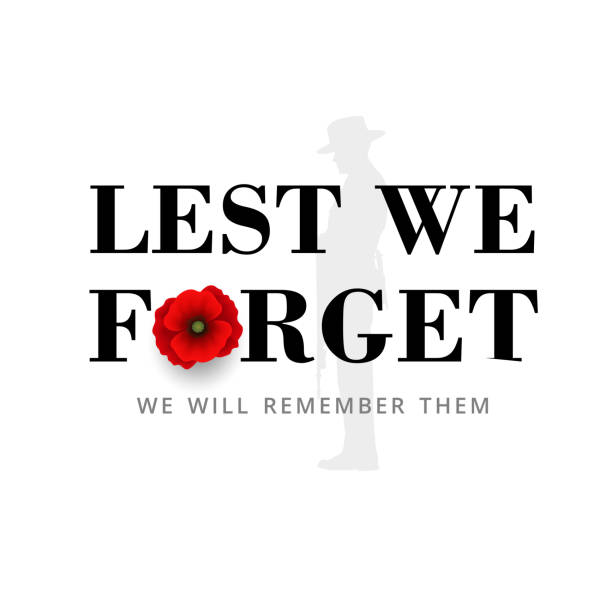 Anzac Day Banner with silhouette of soldier paying tribute and poppy flower, Vector eps 10 poppies stock illustrations