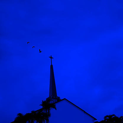 Close up Cross of church and flying birds at night in Deerfield Beach, Florida.