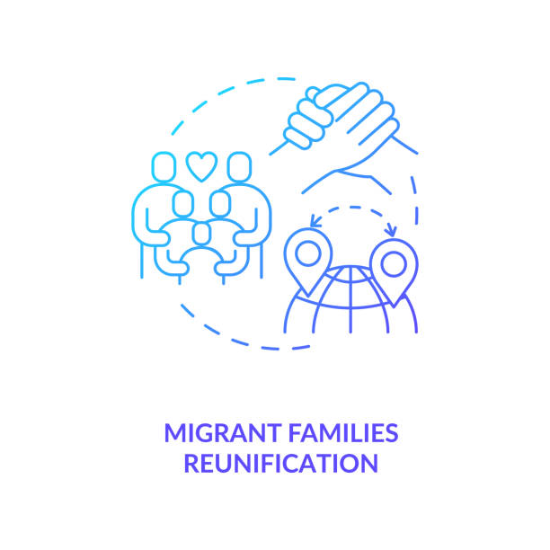 Migrant families reunification blue gradient concept icon Migrant families reunification blue gradient concept icon. Parents with children together abroad. Immigrant worker rights idea thin line illustration. Vector isolated outline RGB color drawing reunion party stock illustrations