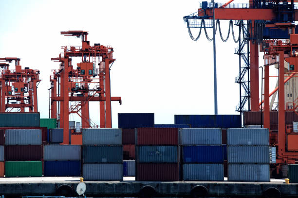 puerto comercial con grúa y contenedores - cargo container metal container rough fotografías e imágenes de stock