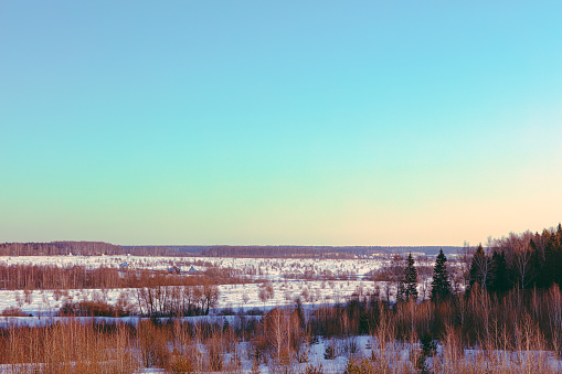 Trees on snow covered field against sky during sunset