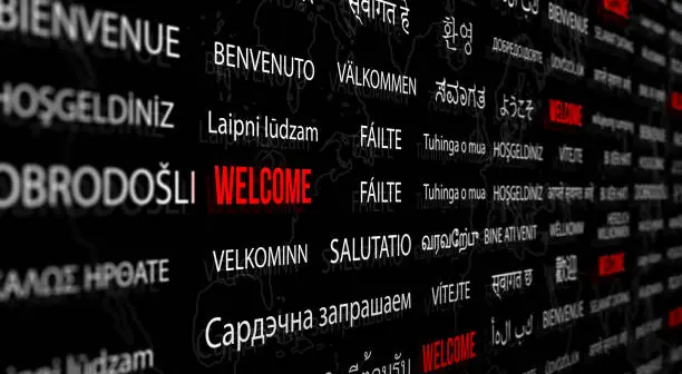 Photo of Welcome in different language with world map background.