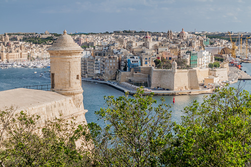 View over Grand Harbour from Herbert Ganado Gardens in Valletta, Malta